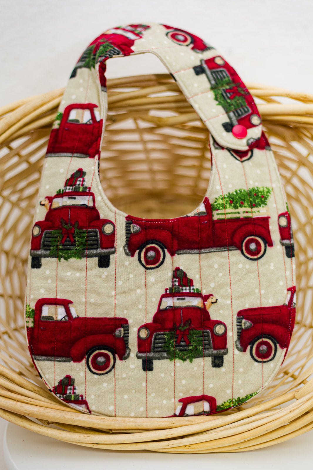 red truck flannel quilted bib