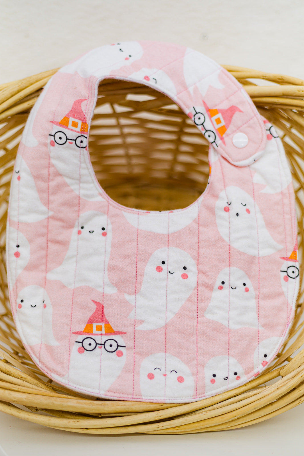 pink ghost quilted flannel bib